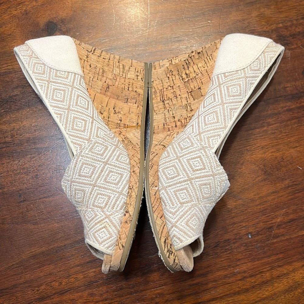 TOMS Fabric Peeptoe Faux Cork Wedges Heels Womens US 8 - Picture 2 of 7